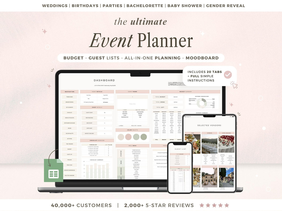 Event planner software with laptop, tablet, and smartphone displaying different views.
