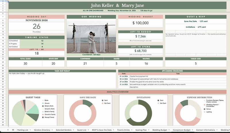 Wedding Planner Spreadsheet for Google Sheets + Bonus Interactive Desktop App